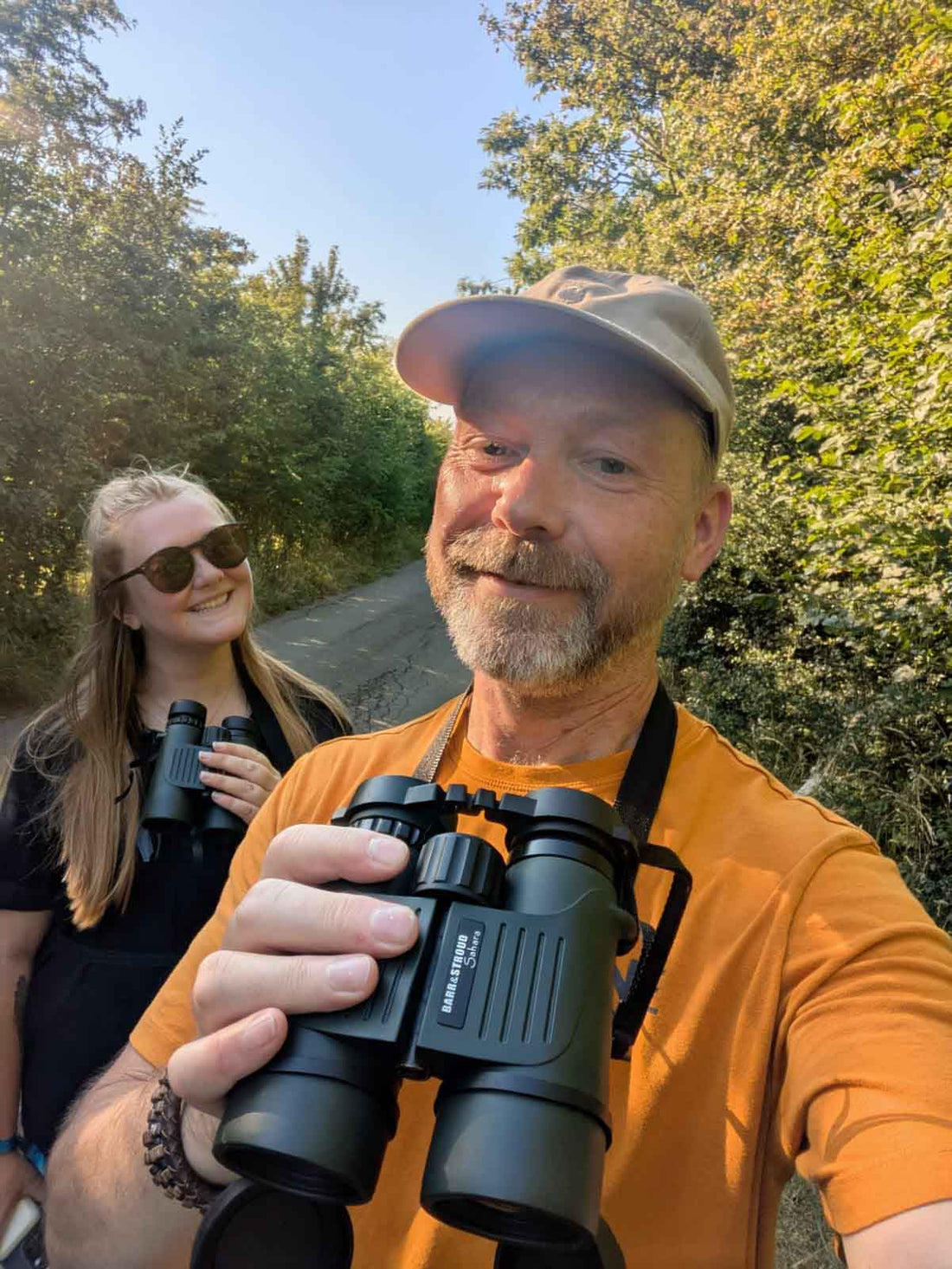 Ferne Creative and her dad selfie with binoculars at bird fair
