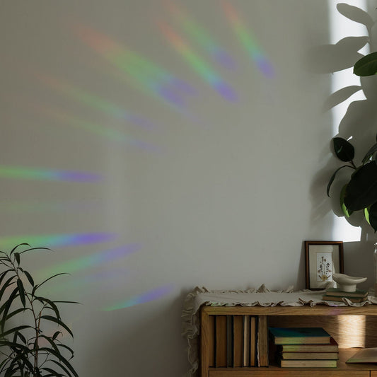 Room interior with rainbow light projection on the wall, plants, and books.
