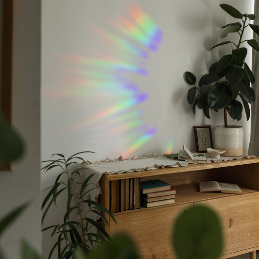 Rainbow effect on wall in living room with plants