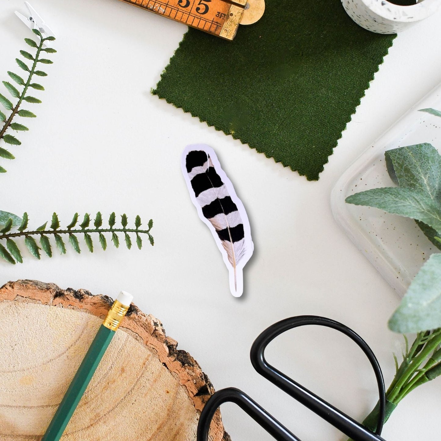 hoopoo Feather surrounded by Scissors, green fabric swatch, wooden ruler, and plant cuttings on a white surface