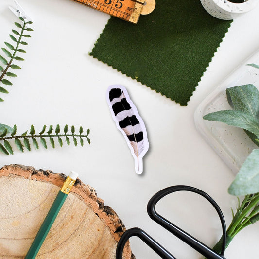 hoopoo Feather surrounded by Scissors, green fabric swatch, wooden ruler, and plant cuttings on a white surface