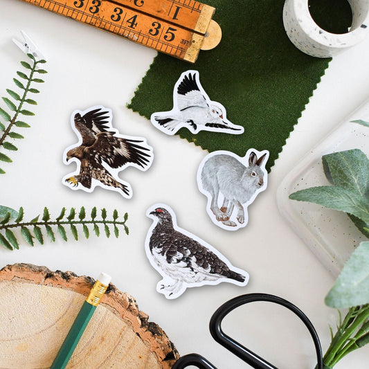 Nature-themed stickers on a surface with a ruler, scissors, and greenery.