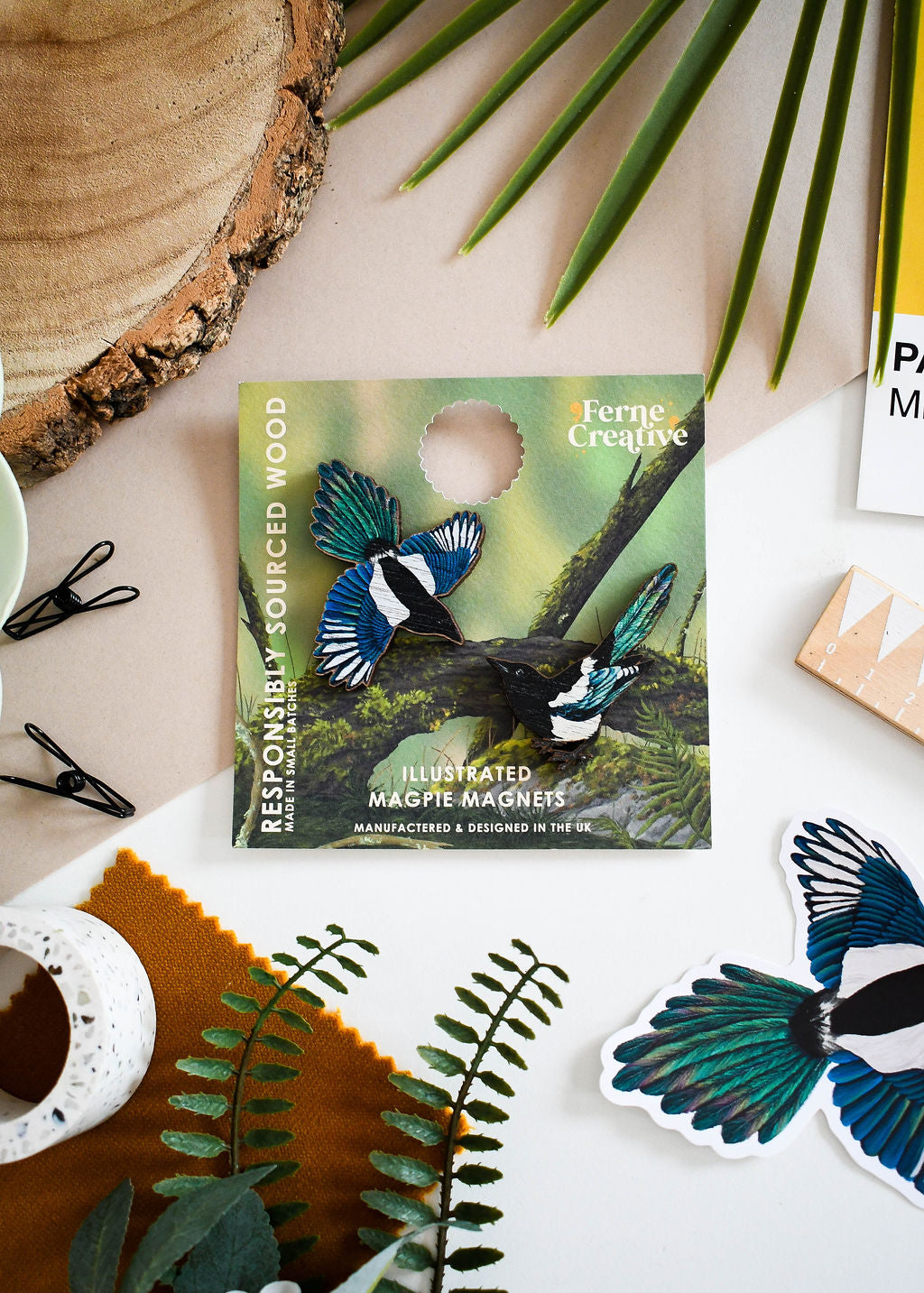 Wooden Magpie Magnets Set and Individuals