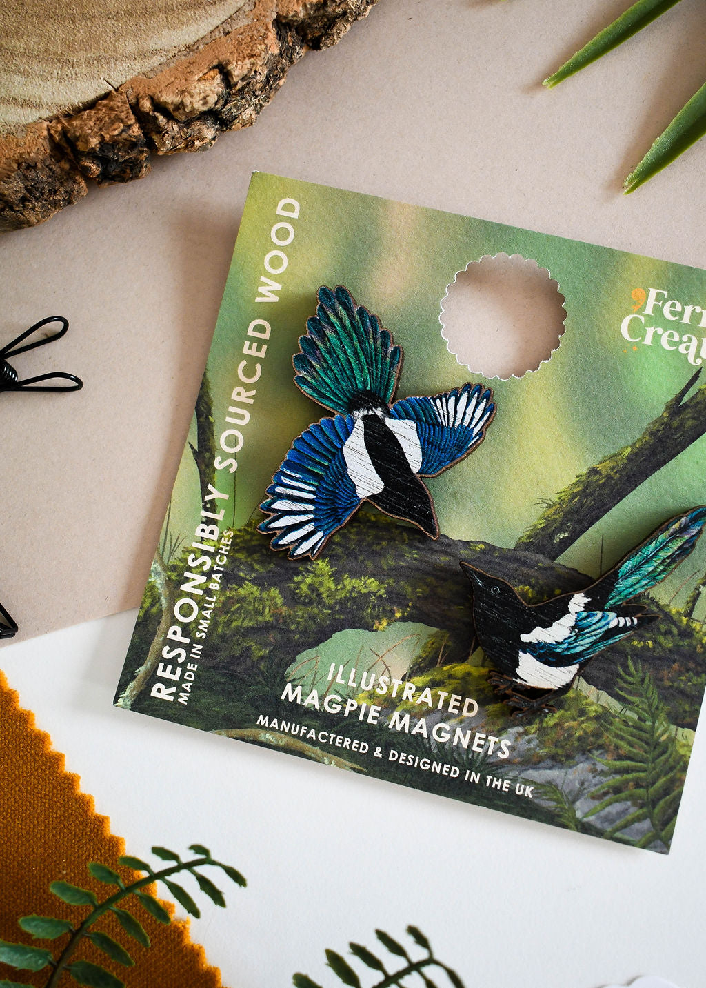 Wooden Magpie Magnets Set and Individuals