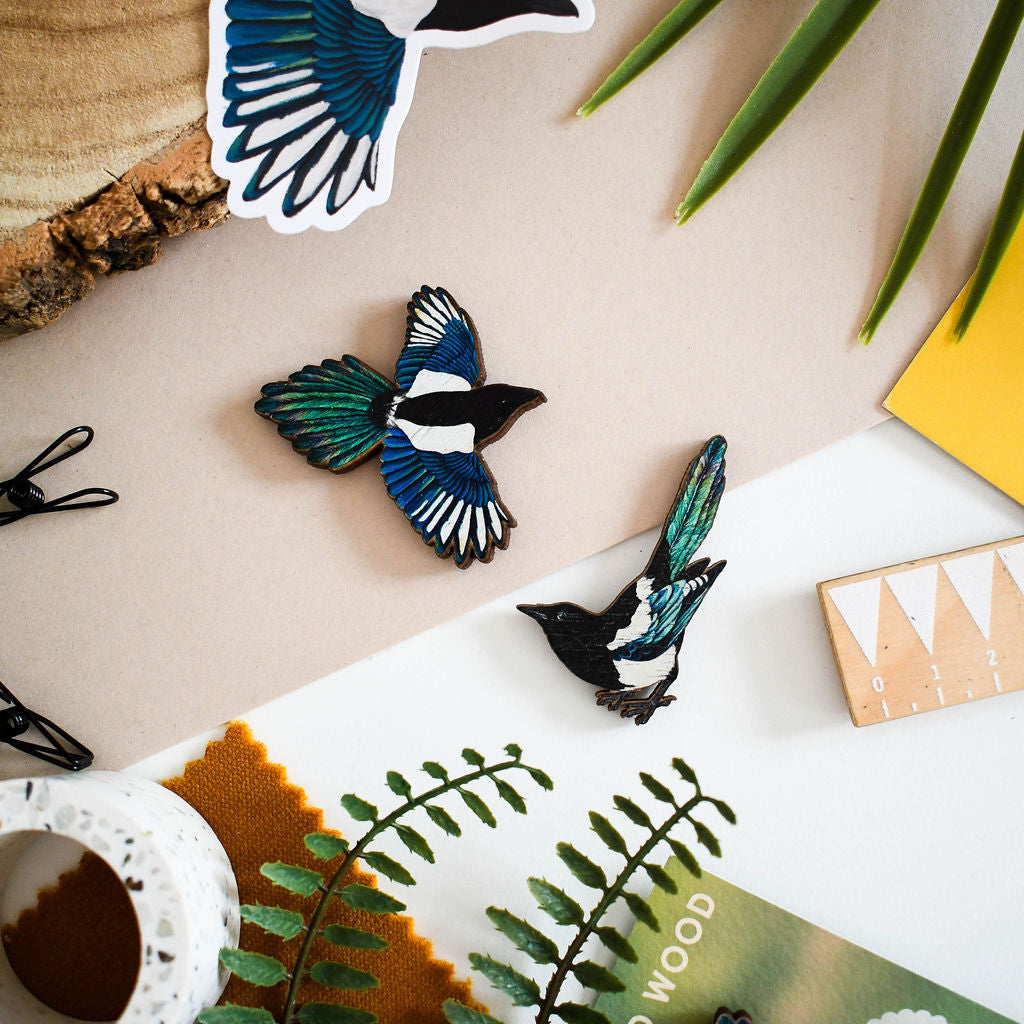 Wooden Magpie Magnets Set and Individuals