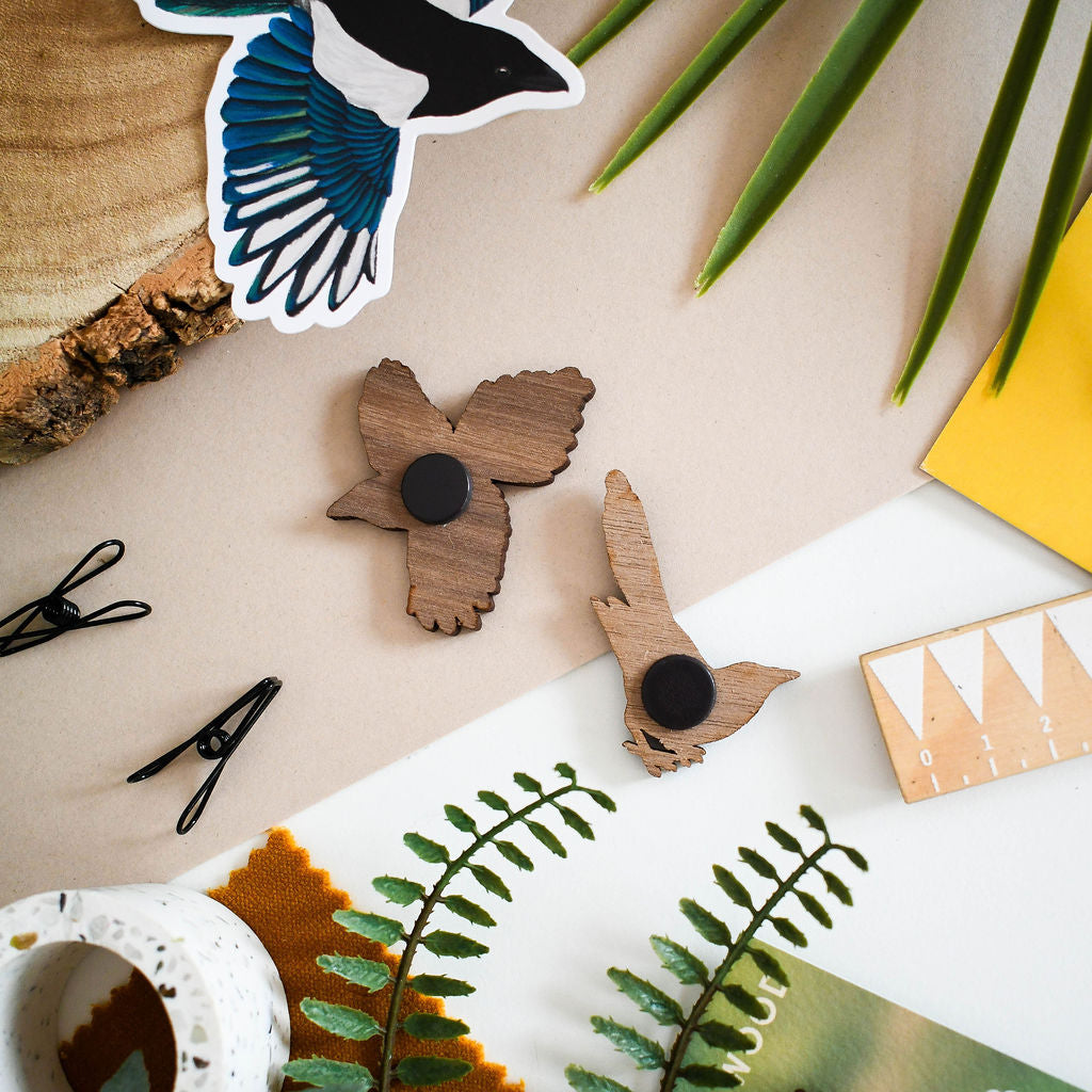 Wooden Magpie Magnets Set and Individuals