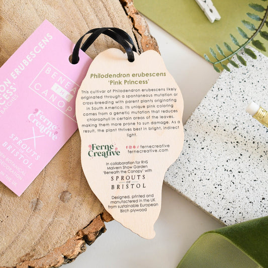 Heart-shaped plant decoration on a wooden surface with a pink tag and greenery.
