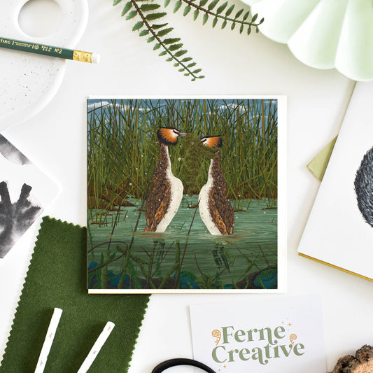 Great Crested Grebe 'Weed Dance' Illustrated Card