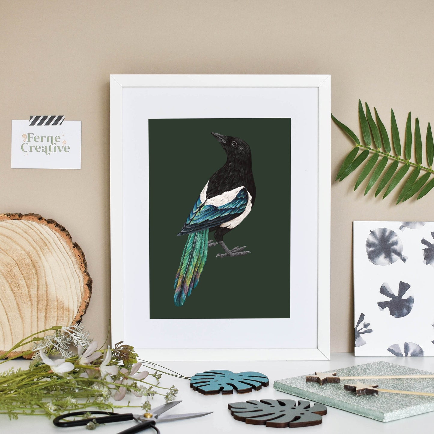 Magpie illustration, folklore art, Gothic wall art, Magpie art, Bird illustration, crow print, witch decor, goblincore decor, turquoise