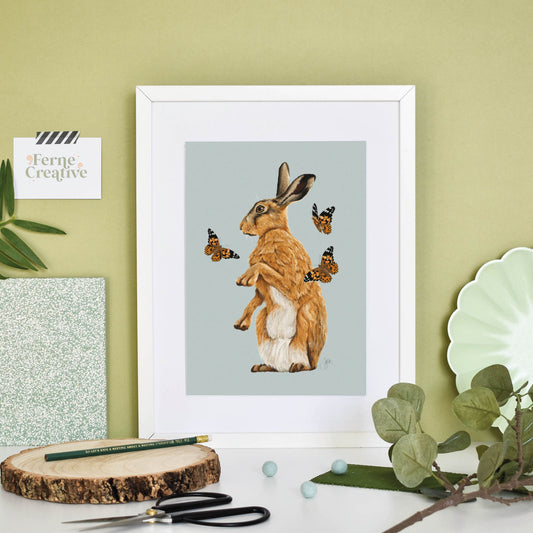 Hare illustration, Butterfly wall art, Farmhouse decor, countryside art print, hare poster, rabbit decor, cottagecore, cottage style art