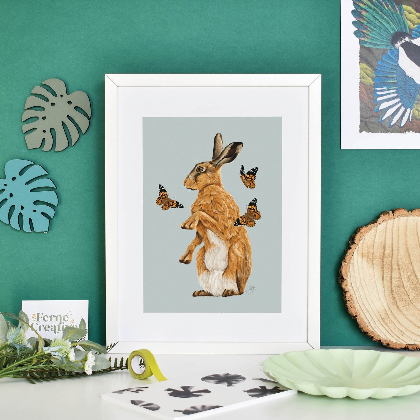 Hare illustration, Butterfly wall art, Farmhouse decor, countryside art print, hare poster, rabbit decor, cottagecore, cottage style art