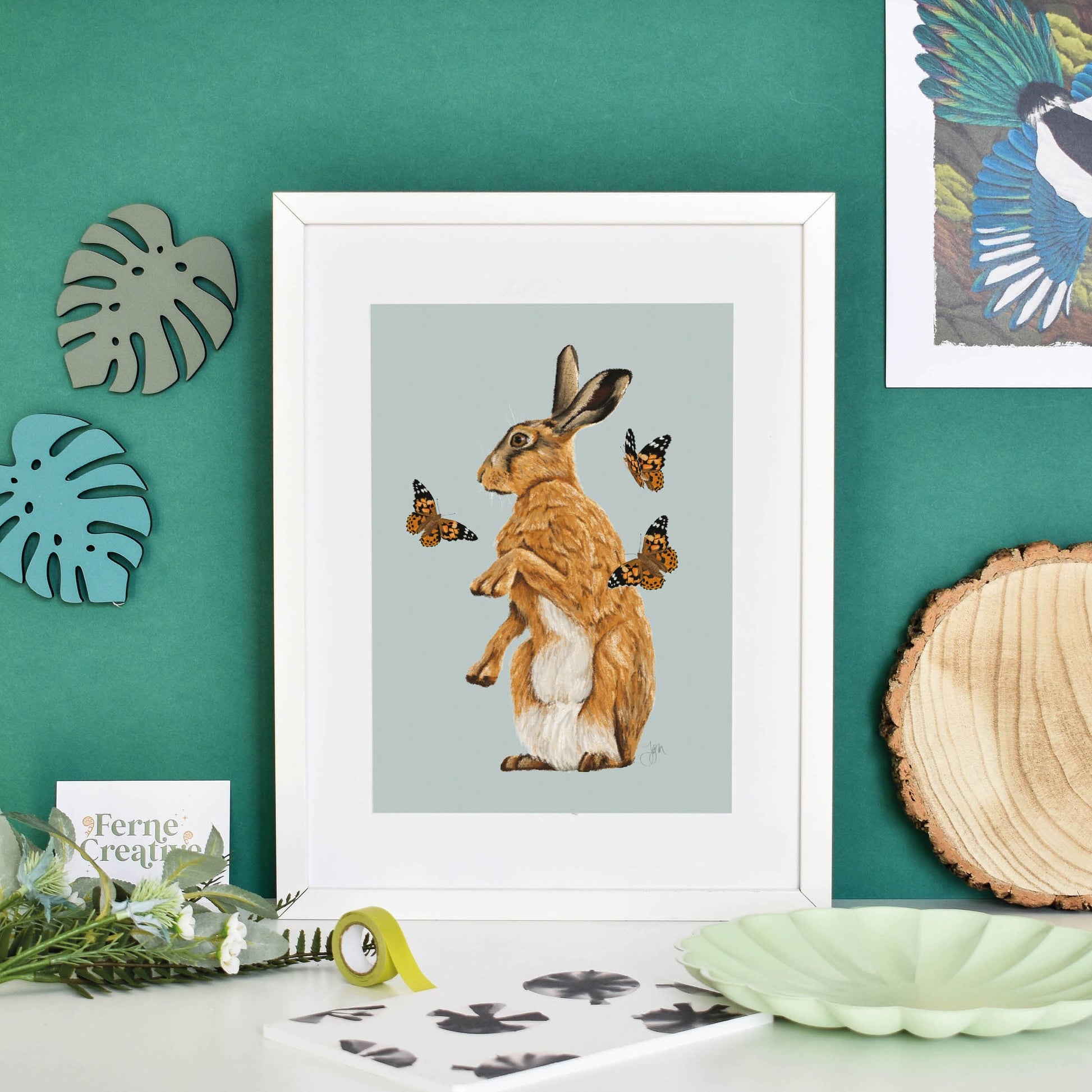 Hare illustration, Butterfly wall art, Farmhouse decor, countryside art print, hare poster, rabbit decor, cottagecore, cottage style art