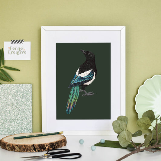 Magpie illustration, folklore art, Gothic wall art, Magpie art, Bird illustration, crow print, witch decor, goblincore decor, turquoise