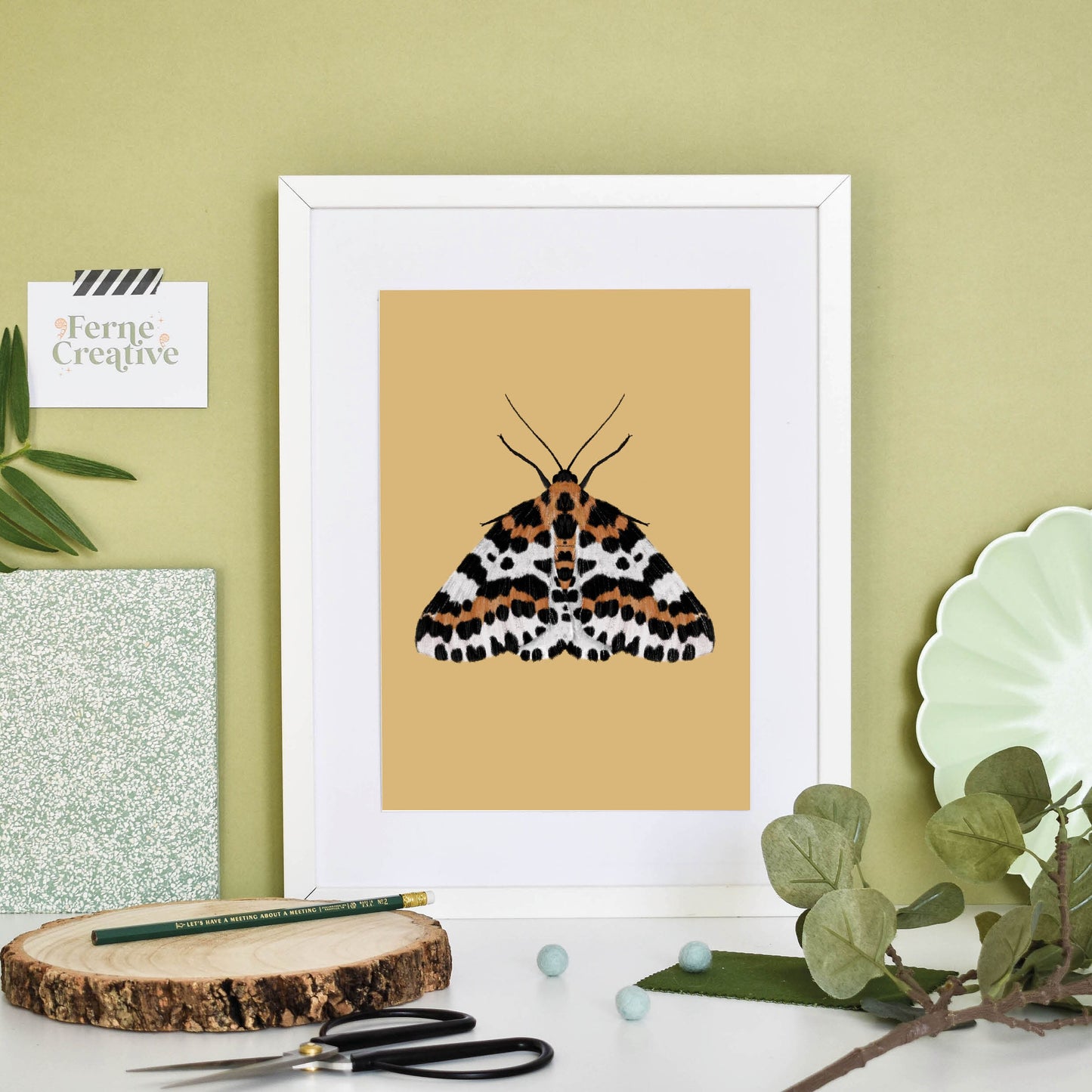 Moth illustration, Magpie moth, Entomology prints, bugs and insects, Mustard yellow decor, nature lover gifts, colourful insects in a frame