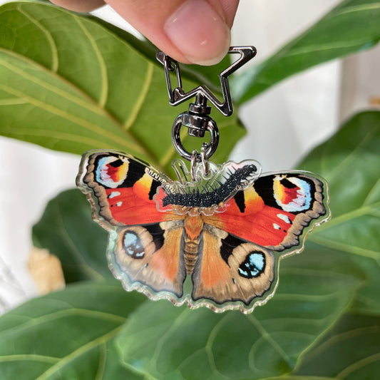 Peacock Butterfly keychain caterpillar charm, Key Ring, Butterfly Lover Gift, Butterfly Charm, Nature Lover Gift, Entomologist, Insect Lover