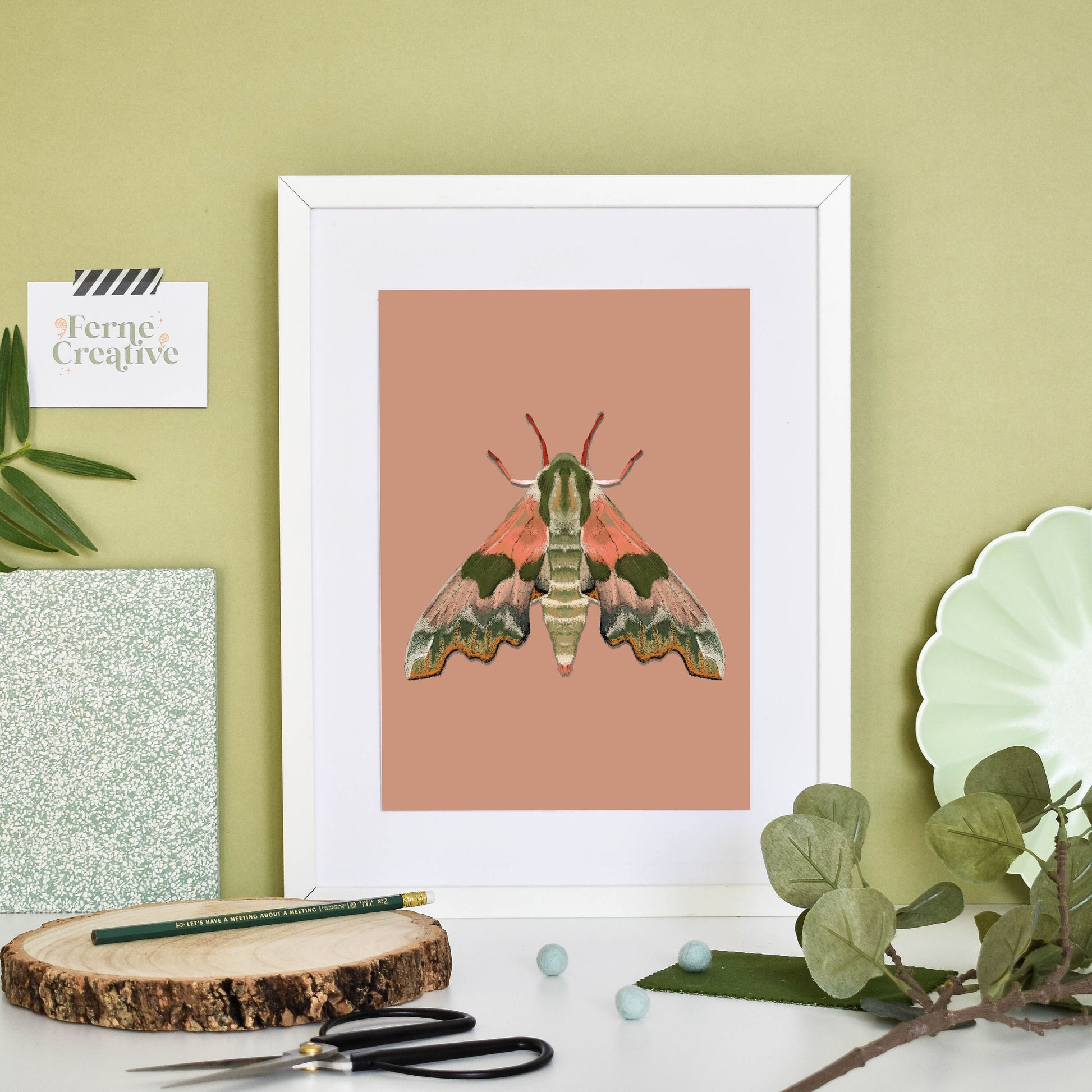 Moth illustration, Lime Hawk Moths Print, Pink wall Art, Insect Art, Entomology gift, Muted Colors, nature interior, British wildlife