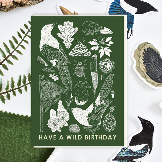 Wildlife birthday card, nature lover card, Wild One Birthday, Magpie greetings card, natural history, Bird Card, Bird Lover gift, Fungi