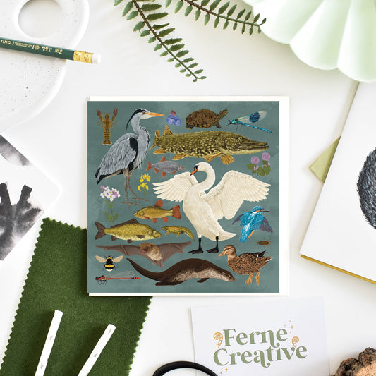 Canal Wildlife Illustrated Greetings Card with Otter, Fish, Bird, British Nature-Themed Blank Card, Perfect for Dad or Nature Lover Gift