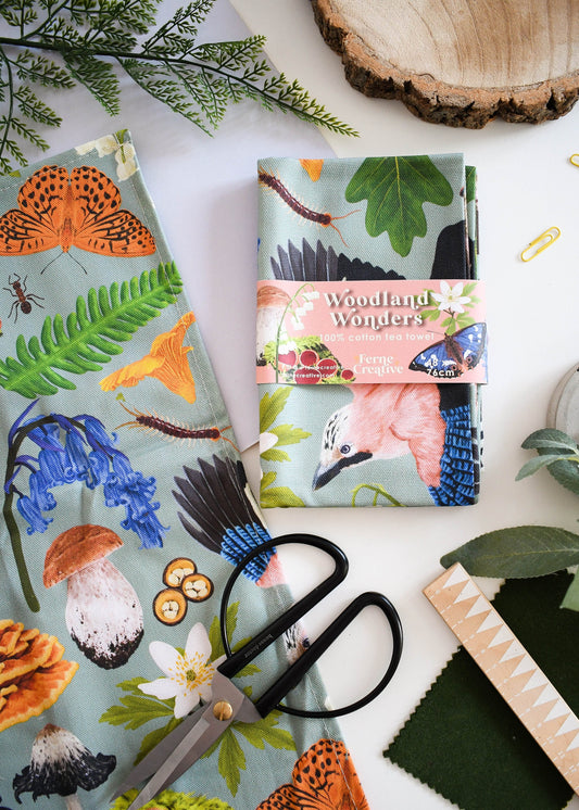 Woodland Wildlife Nature tea towel, Kitchen Decor, Dish Towel, Printed Tea Cloth, Hostess Gift, Housewarming Gift, Bird lover gift