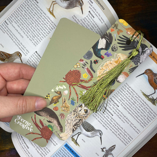 Green British Wildlife Illustrated Bookmark, Cute Tasselled Nature Art, Perfect for Nature lovers, Back to School or Teacher Gift