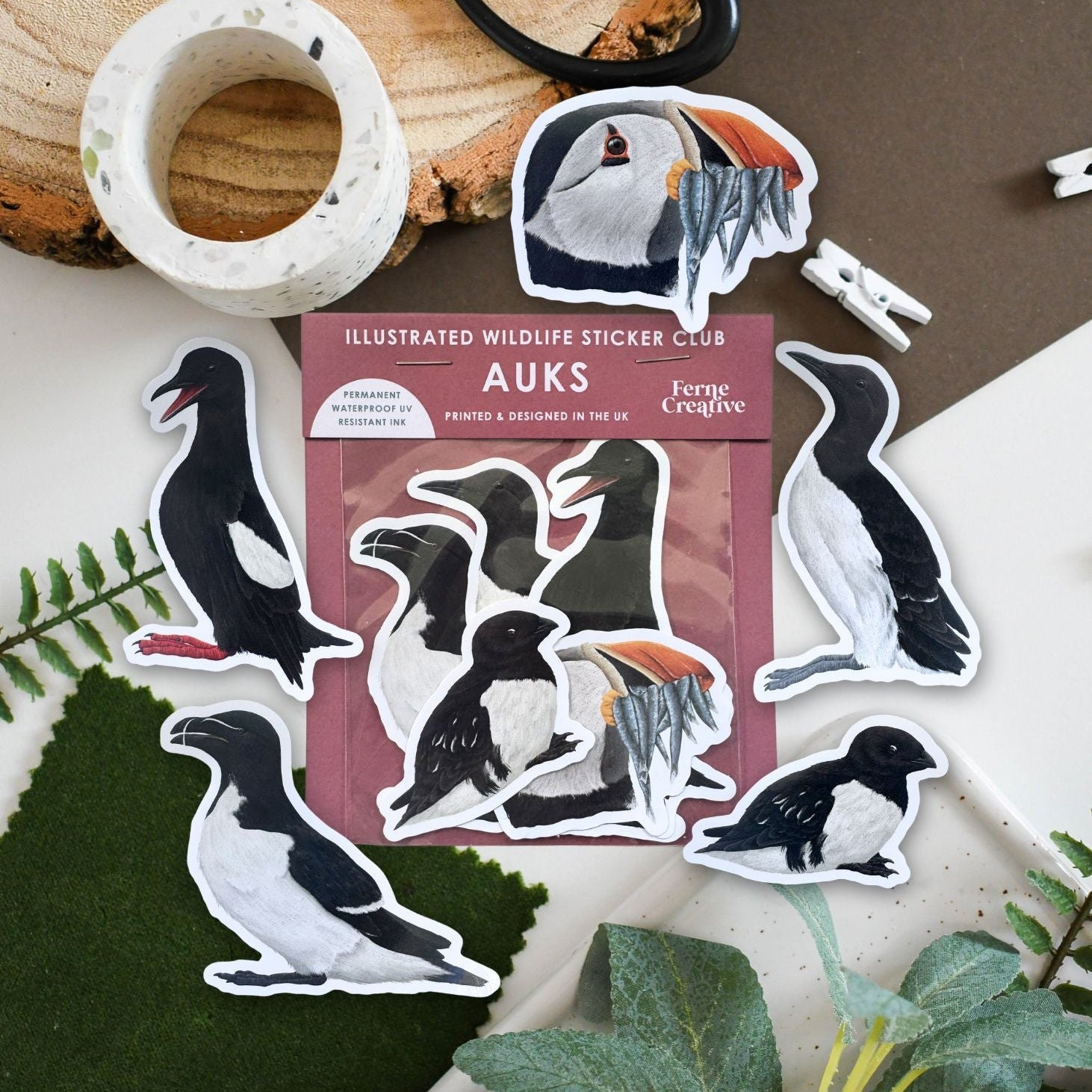 Illustrated wildlife sticker club for auks with penguin stickers on a natural background