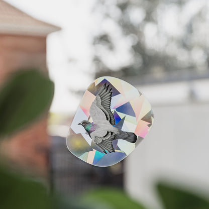 Decorative sticker with a bird design on a blurred outdoor background