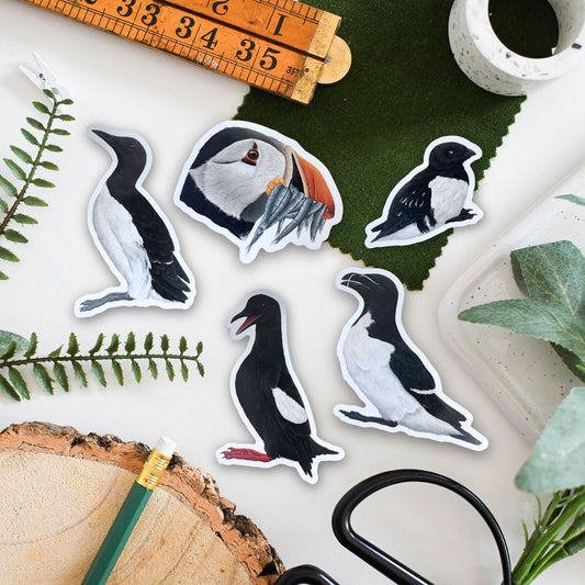 Puffin stickers on a surface with a ruler, scissors, and natural elements.