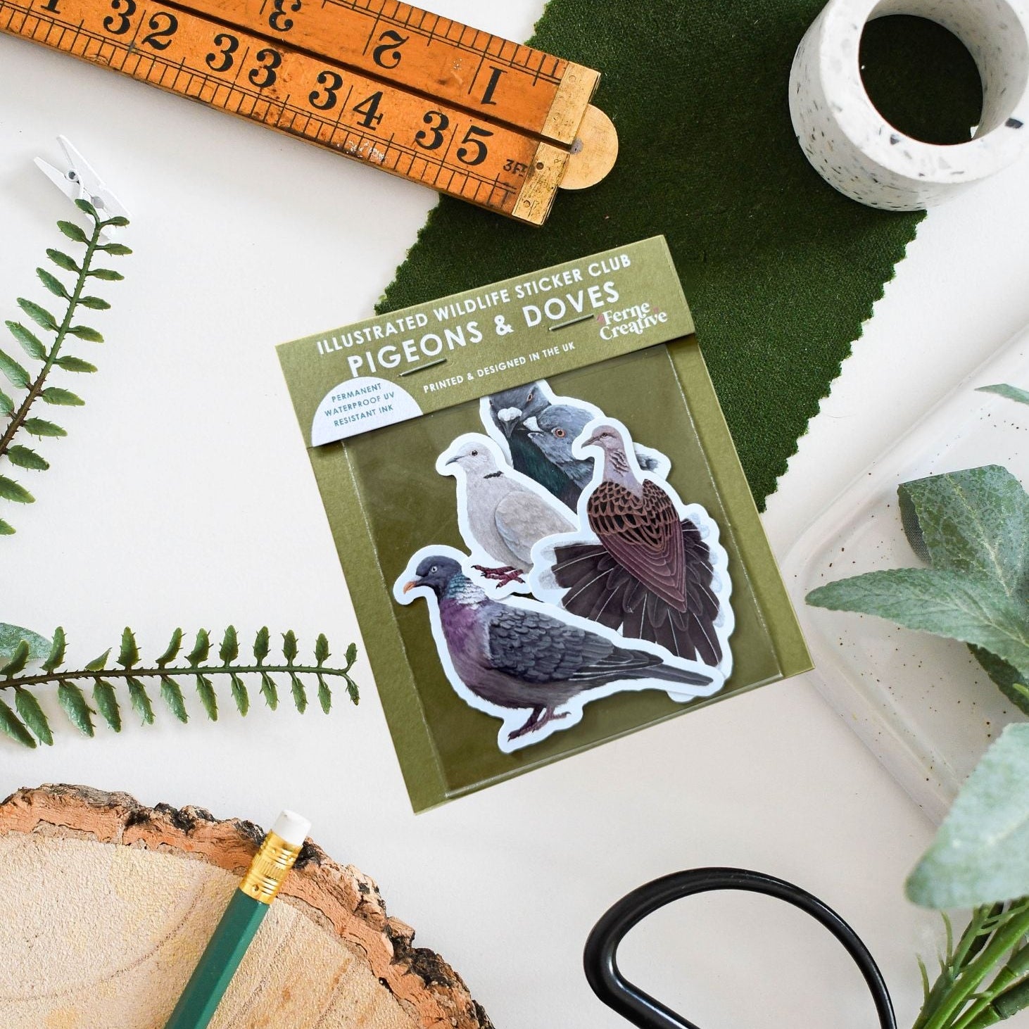 Pack of illustrated stickers with birds on a surface with nature-themed items.
