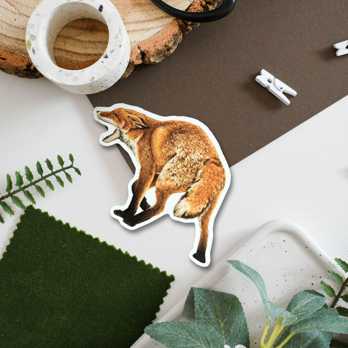 Barking Red Fox Vinyl Sticker with white edge around decorative details