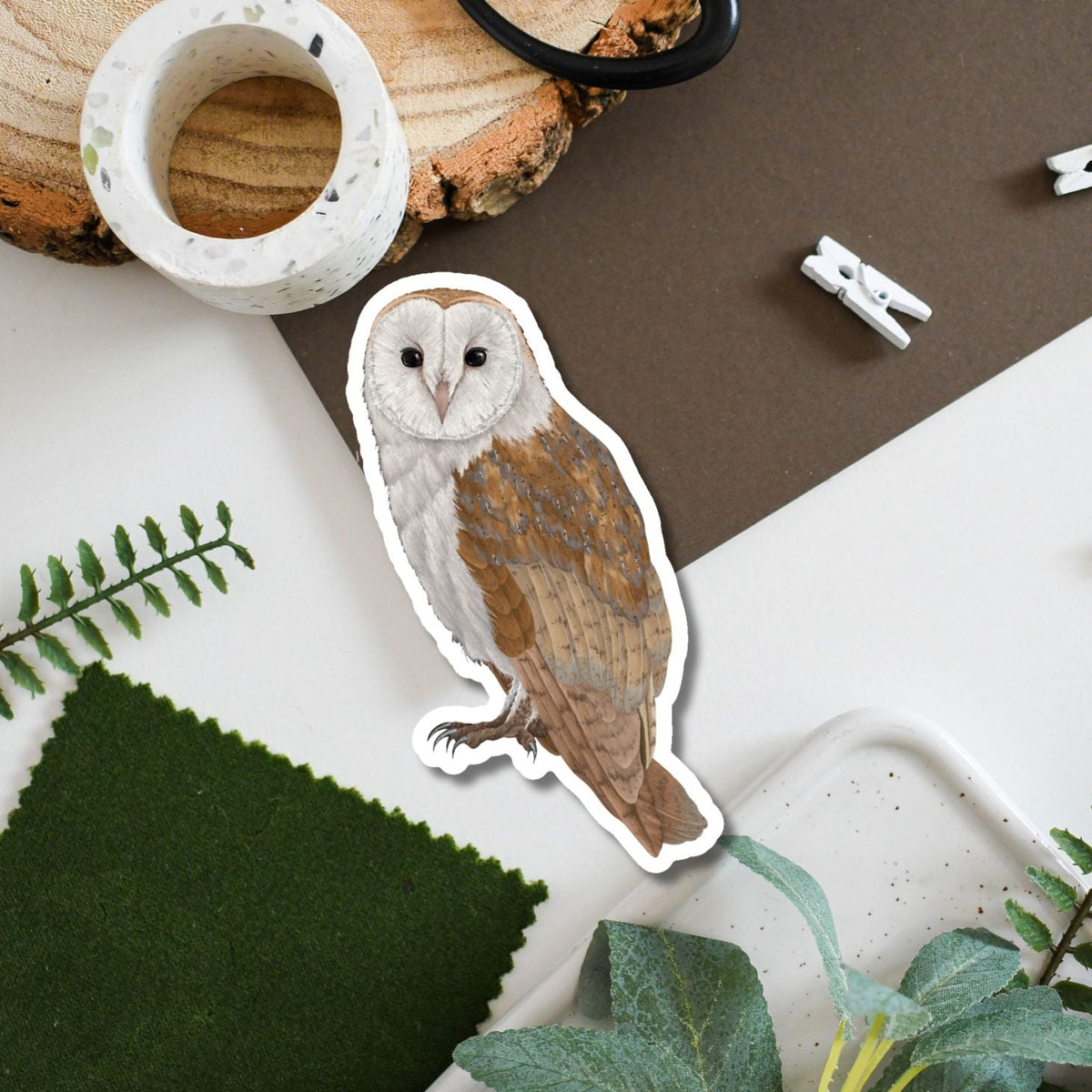 Vinyl sticker of barn owl with white background