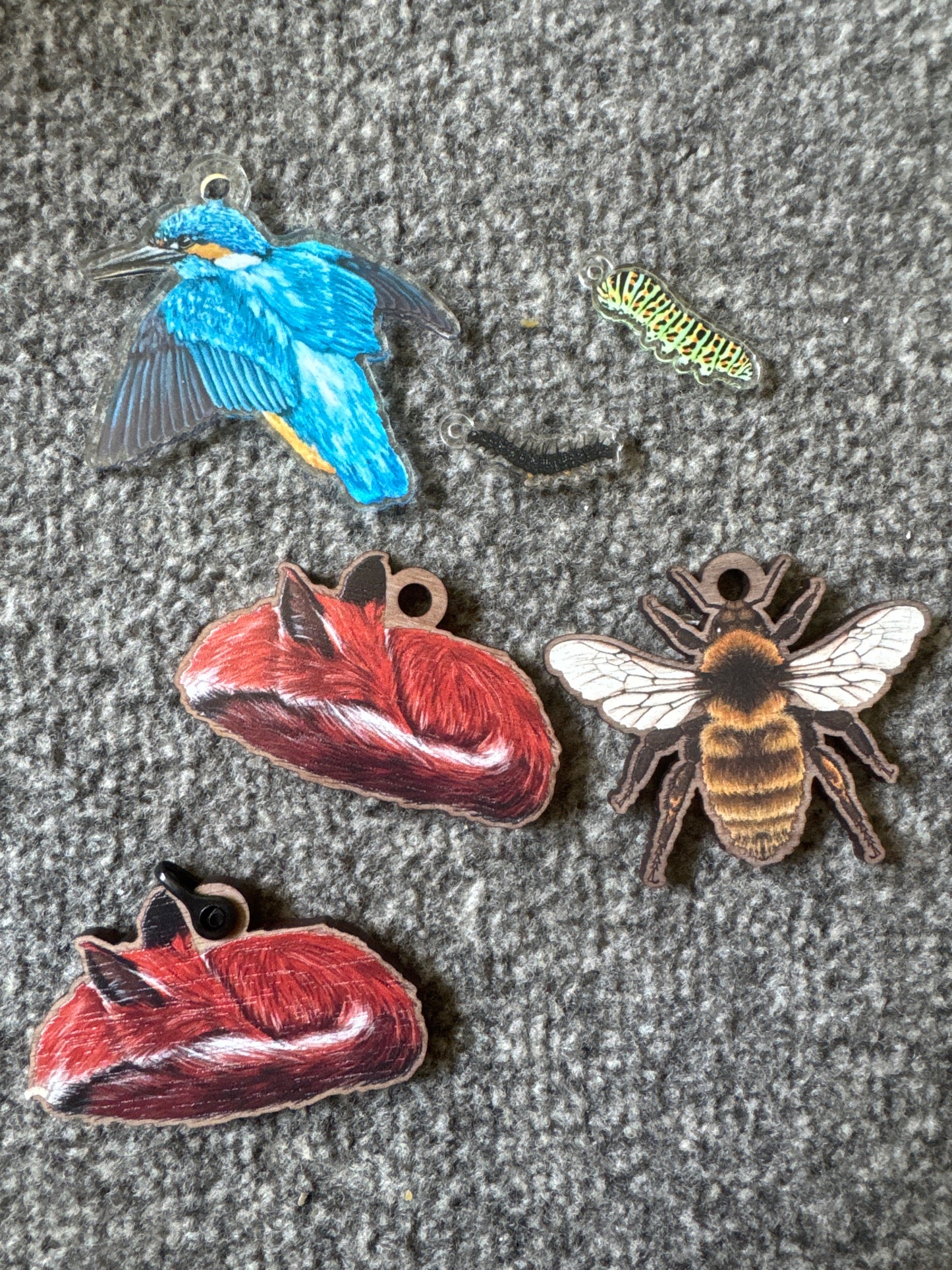 Seconds Kingfisher, fox, Bee & caterpillar loose charms