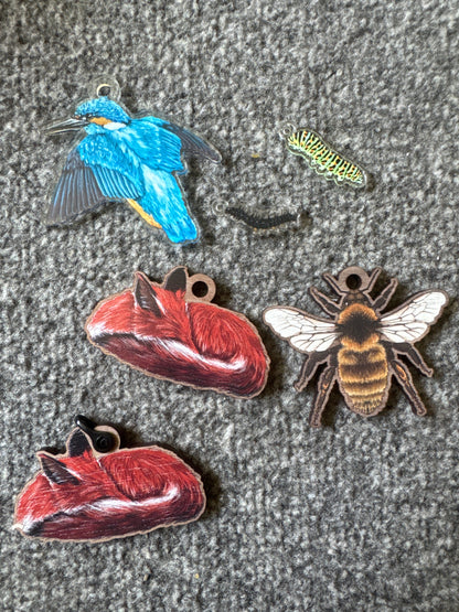 Seconds Kingfisher, fox, Bee & caterpillar loose charms