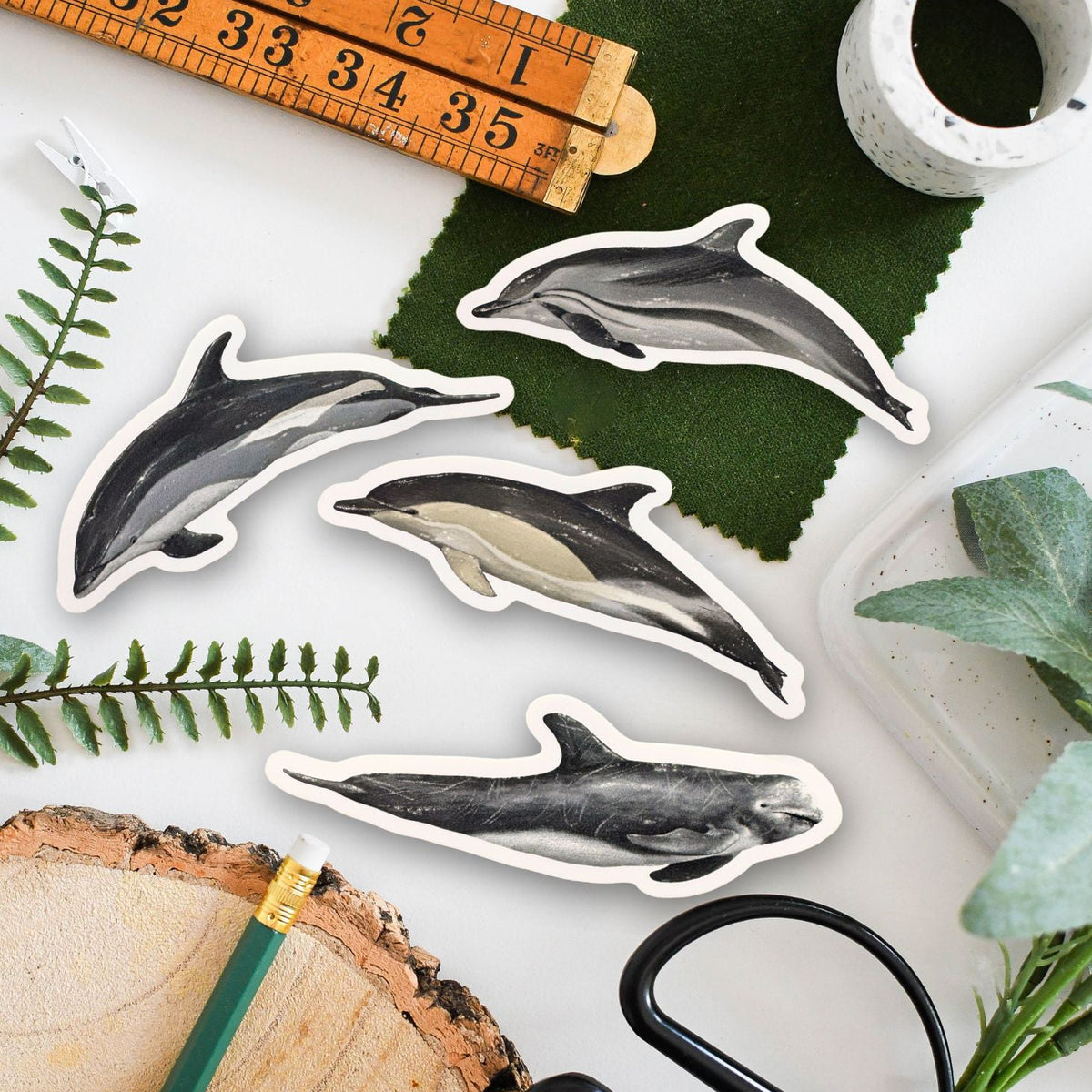 Four die-cut stickers featuring realistic gray and white dolphin illustrations are arranged on a white surface with a wooden ruler, green felt, scissors, a pencil, and greenery as flat-lay props.