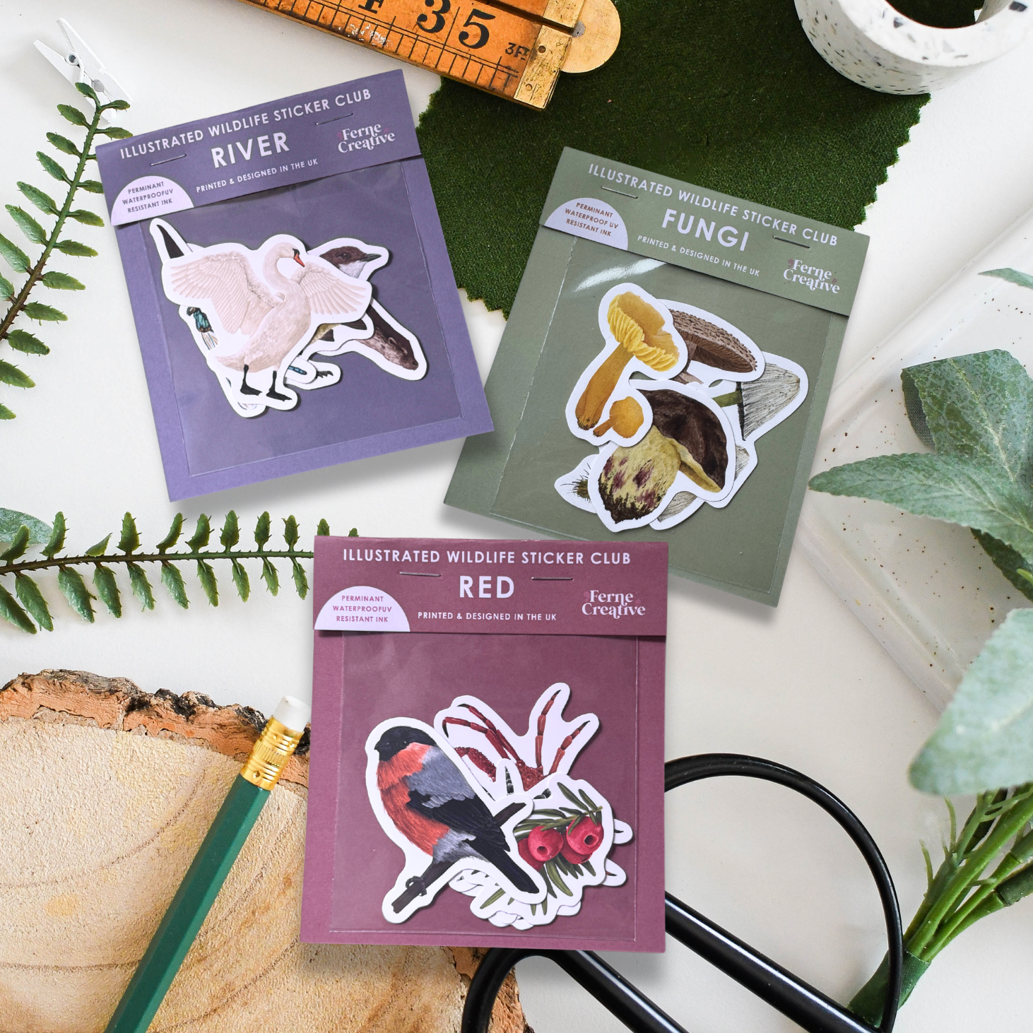 Three sticker packs labeled 'River', 'Fungi', and 'Red' on a surface with nature-themed items.