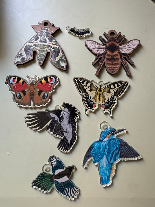 Seconds Crow, Magpie, Kingfisher, Butterfly, Moth & Bee loose charms