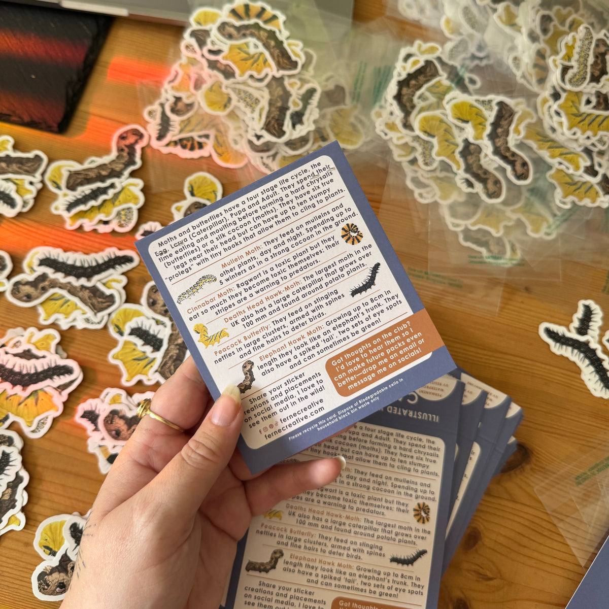 A hand holds a pack of stickers over a wooden desk, with many loose illustrated caterpillar stickers scattered around and a laptop partially visible in the background.
