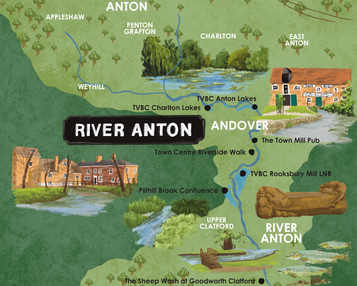 Illustrated Map of River Anton with landmarks and facilities, featuring a tractor and insect illustration.
