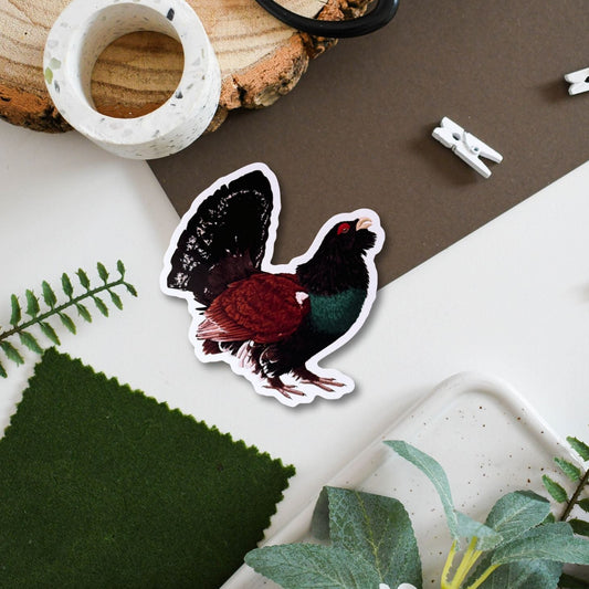 Capercaillie bird sticker on a surface with plants and decor items