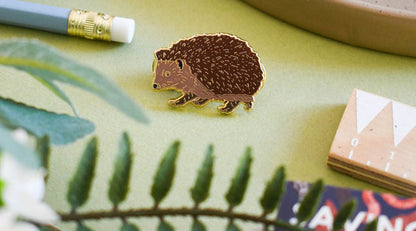 Walking hedgehog enamel pin on green background with products surrounding it