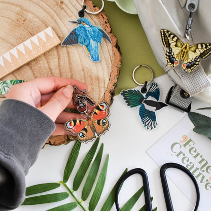 Peacock Butterfly keychain caterpillar charm, Key Ring, Butterfly Lover Gift, Butterfly Charm, Nature Lover Gift, Entomologist, Insect Lover