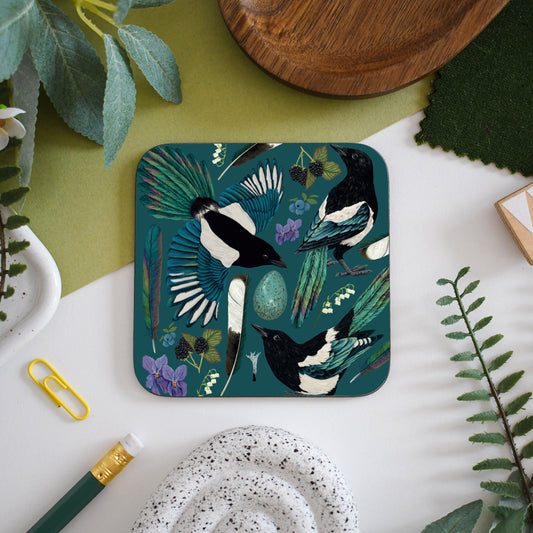 Illustrated Magpie Wooden Coaster