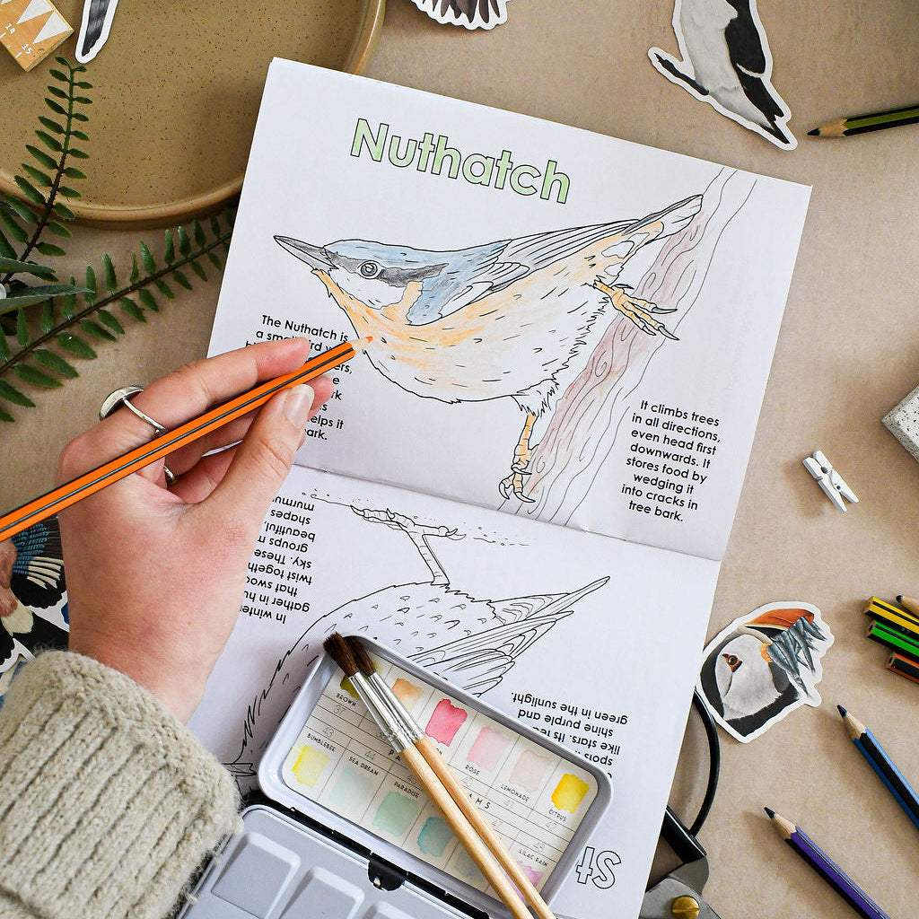 Person coloring a bird illustration in a book with art supplies on a table.