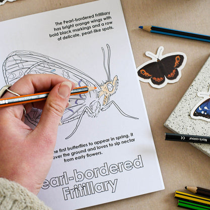 Person coloring a butterfly illustration with markers on a table with stationery items.