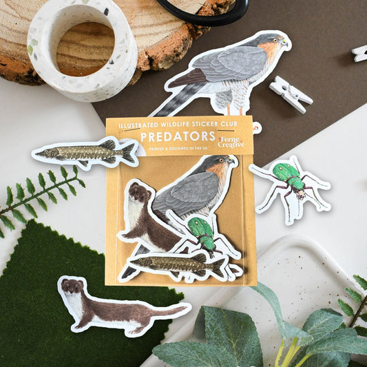Set of nature-themed stickers on a wooden surface with plants.
