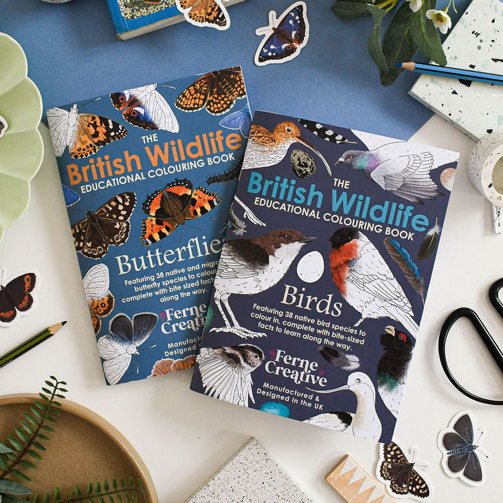 Two 'British Wildlife' educational colouring books on a table with stationery items.
