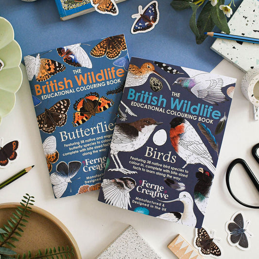 Two 'British Wildlife' educational colouring books on a table with stationery items.