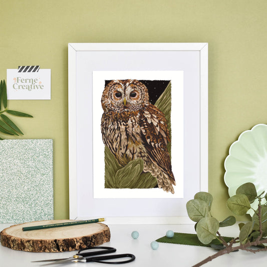 Tawny Owl print, Owl gift, Ornithology, Bird Watching, Nature Illustration, Rustic farmhouse decor, Country living style, animal realistic