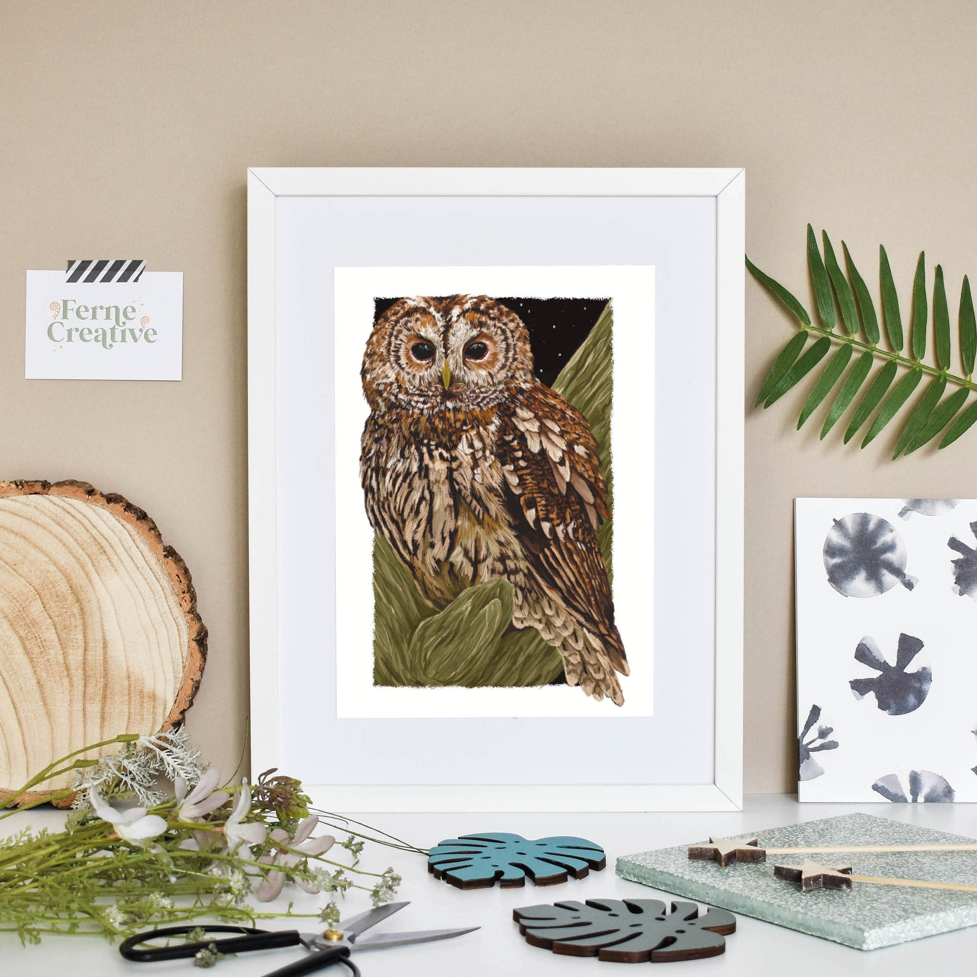 Tawny Owl print, Owl gift, Ornithology, Bird Watching, Nature Illustration, Rustic farmhouse decor, Country living style, animal realistic