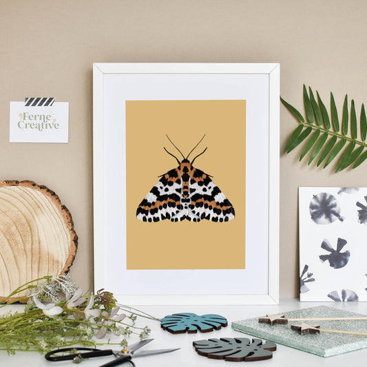 Moth illustration, Magpie moth, Entomology prints, bugs and insects, Mustard yellow decor, nature lover gifts, colourful insects in a frame