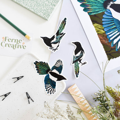 Magpie vinyl sticker bundle, Bird Laptop decal, Magpie illustration, Nature stickers, Bird Stickers, Bird gift set, Raven decal, witch gift